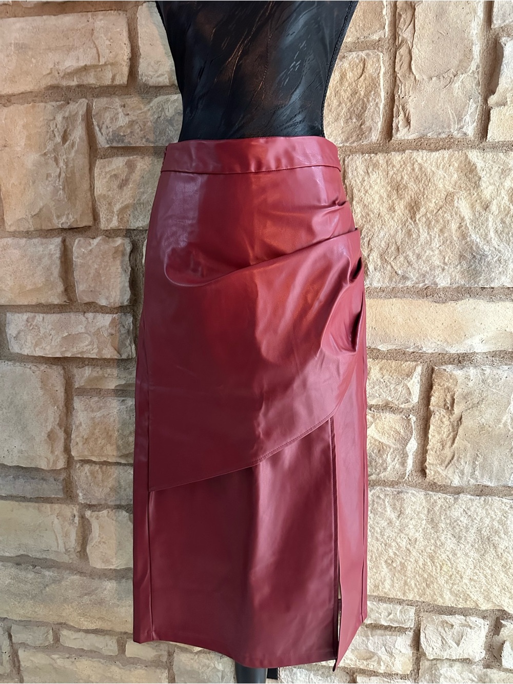 Women's Faux Leather Wrap Pencil Skirt - Burgundy - Picture 1 of 2